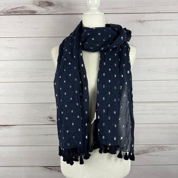 J. Crew Navy Blue Scarf Metallic Polka Dot Pom One Size - Picture 2 of 4